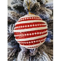 Новорічні кулі червоні з білою тасьмою та намистинами Ø100мм, ціна за набір 2 шт (SH266)